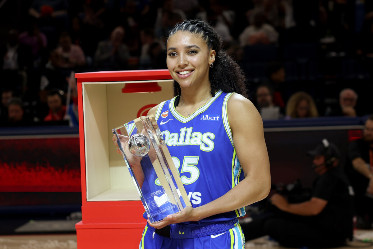 Azzi Fudd of the Dallas Wings poses with the trophy after winning the Kia WNBA Skills Challenge STARRY 3-Point Contest in the WNBA All-Star 2026 at Wintrust Arena in Chicago on July 24, 2026.(Geoff Stellfox/Getty Images)