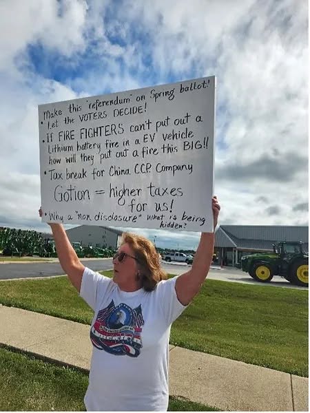September 2023 at Gotion facility with many constructing vehicles in the background to protest the Gotion announcement. Courtesy of Jeanne Ives.