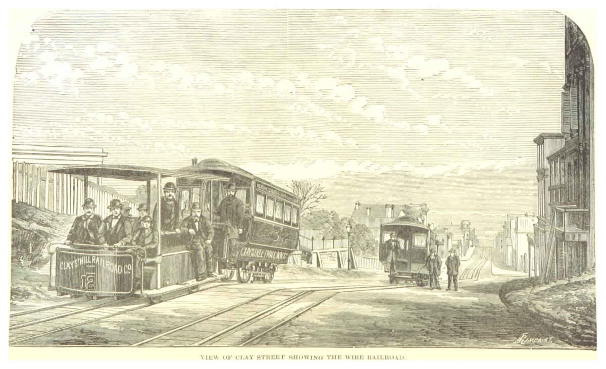 View of Clay Street  showing the wire railroad, started by Andrew Smith Hallidie. (Public Domain)
