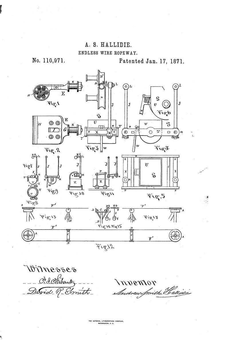 Патент Халлиди на его «бесконечный канатный путь», 17 января 1871 г. Google Patents. (Общественное достояние)