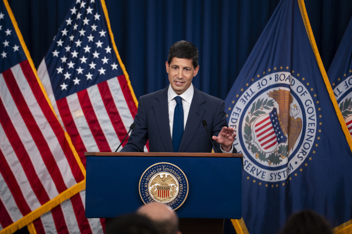 Federal Reserve chairman Kevin Warsh speaks during a press conference in Washington on July 29, 2026. (Madalina Kilroy/The Epoch Times)
