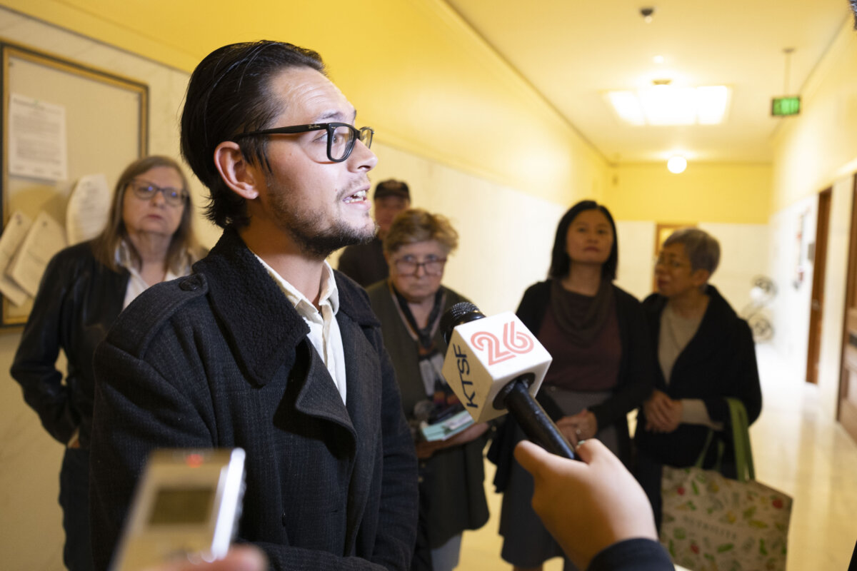 Otto Pippenger, treasurer of Great Highway for Everyone, speaks to the media after a rejected appeal in a Ballot Simplification Committee meeting on July 27, 2026. (Lear Zhou/The Epoch Times)