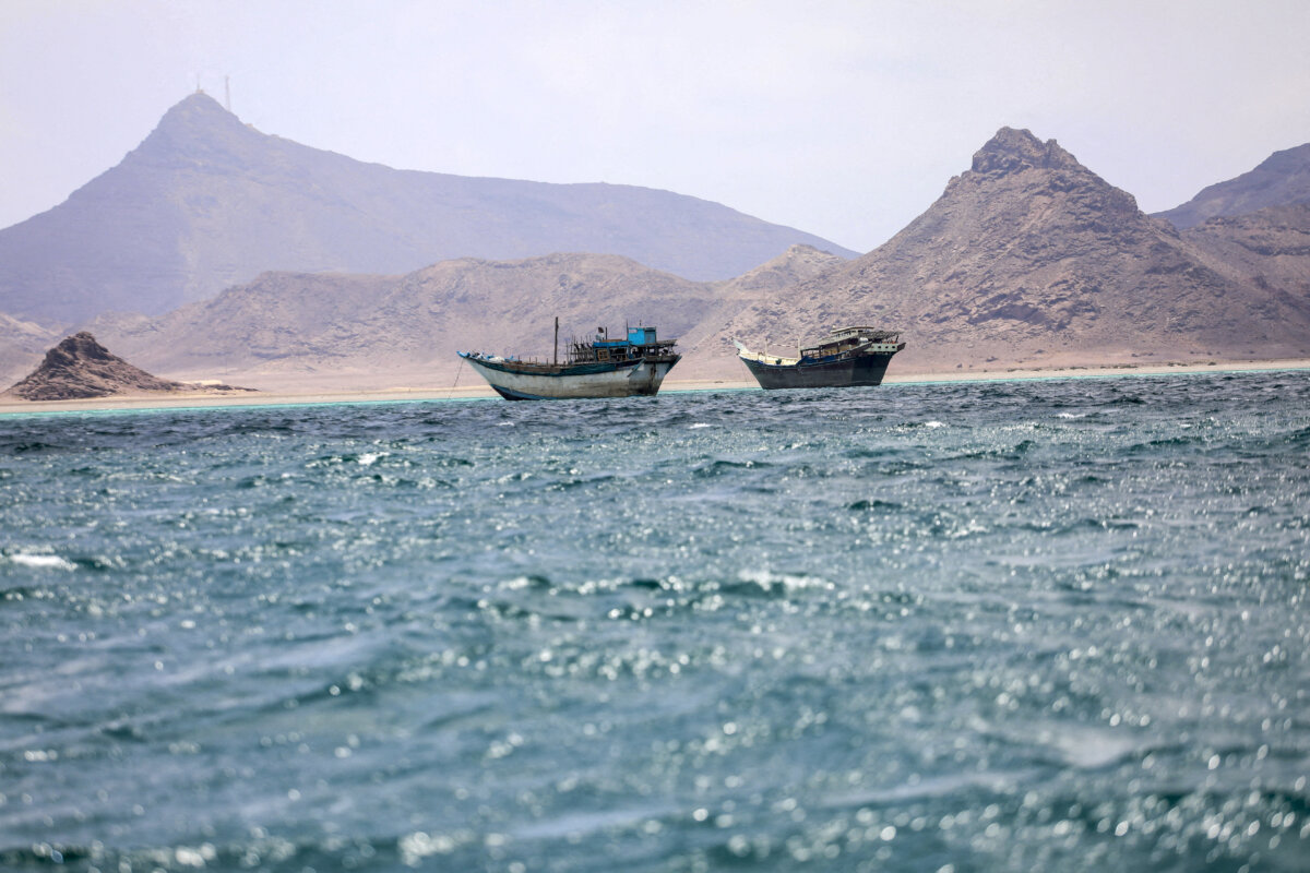Boats float near the coast of Bab el-Mandeb, Yemen, on April 2, 2026. (Reuters)