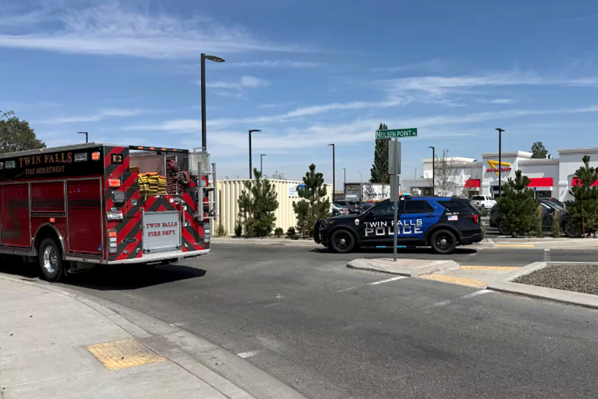 The scene of a shooting that started at an In-N-Out Burger restaurant in Twin Falls, Idaho, on Aug. 1, 2026. (KMVT via AP)