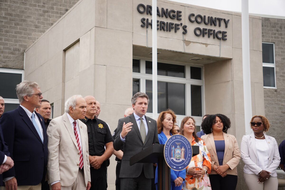 New York state Sen. James Skoufis speaks in front of local politicians and leaders at the Orange County Correctional Facility in Goshen, N.Y., on July 30, 2026. (Oliver Mantyk/The Epoch Times)