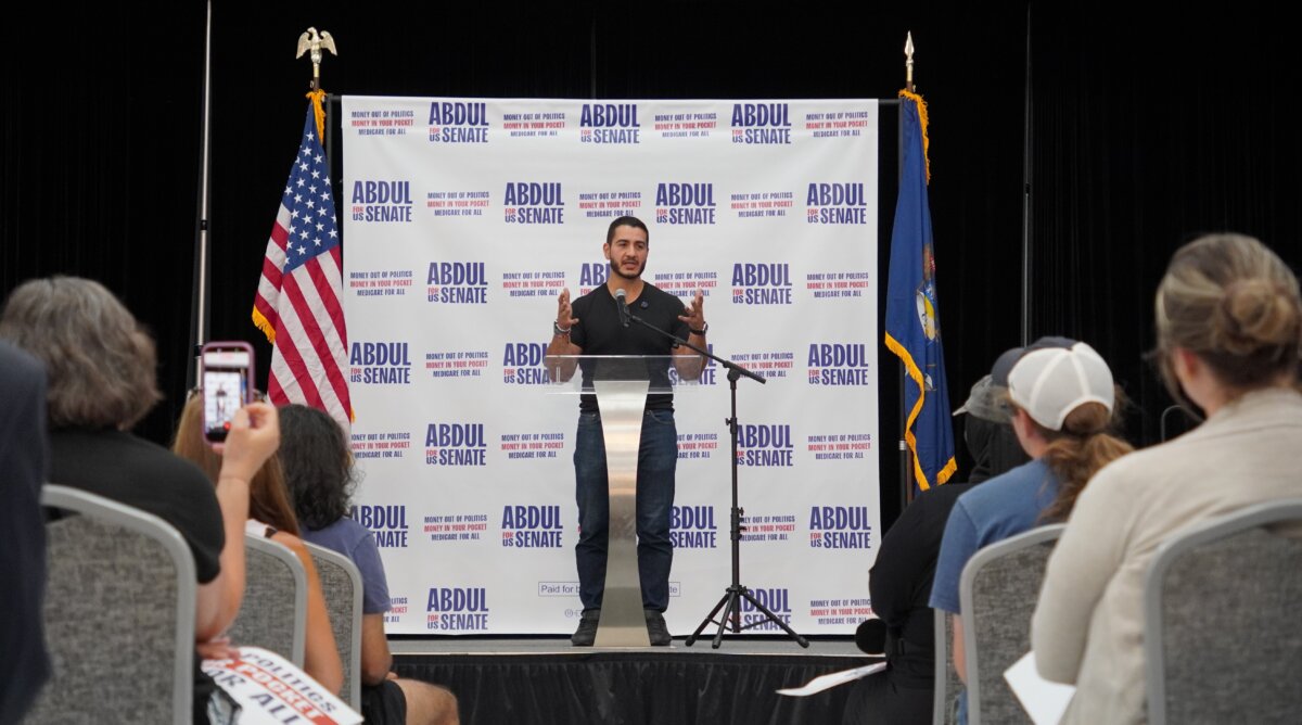 Democratic Senate candidate for Michigan Abdul El-Sayed speaks at a rally in Dearborn, Mich., on July 31, 2026. (Jacob Burg/The Epoch Times)