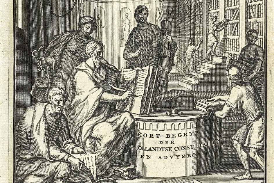 Allegorical representation with personification of justice and men at work in the library, Abraham de Blois, after Ottmar Elliger, 1709. Allegorical representation with female personification of justice. (Rijksmuseum, Amsterdam)
