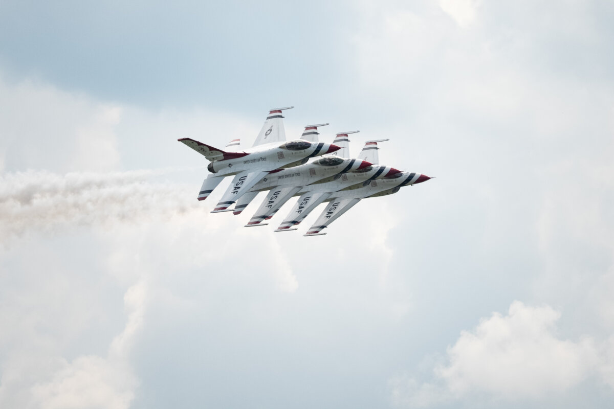 The U.S. Air Force Thunderbirds perform at the Air Dot Show at the Orange County Airport in Montgomery, N.Y., on Aug. 1, 2026. (Larry Dye/The Epoch Times)