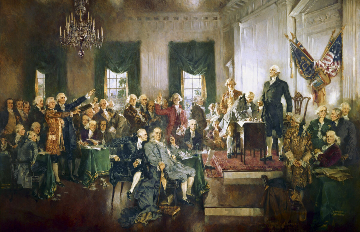 Scene at the Signing of the Constitution of the United States, 1940 oil-on-canvas painting by Howard Chandler Christy
(Howard Chandler Christy, Public domain, via Wikimedia Commons)