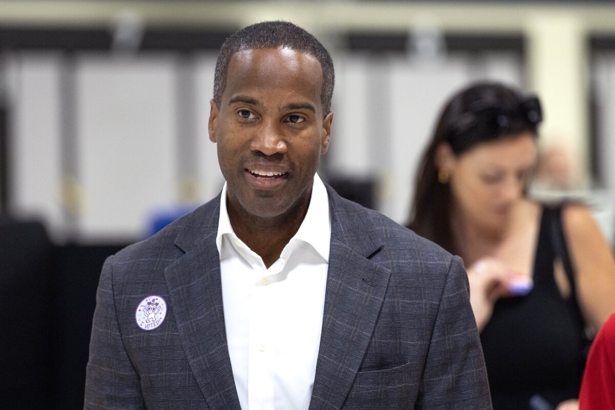 Michigan GOP gubernatorial candidate John James leaves the polling place after casting his vote in Shelby, Mich., on Aug. 4, 2026. (Scott Olson/Getty Images)