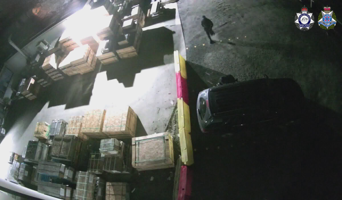 Security footage captured at the premises of Lovitt Technologies in Victoria at 3.55 a.m. on July 5, 2025. (Courtesy of the Australian Federal Police)