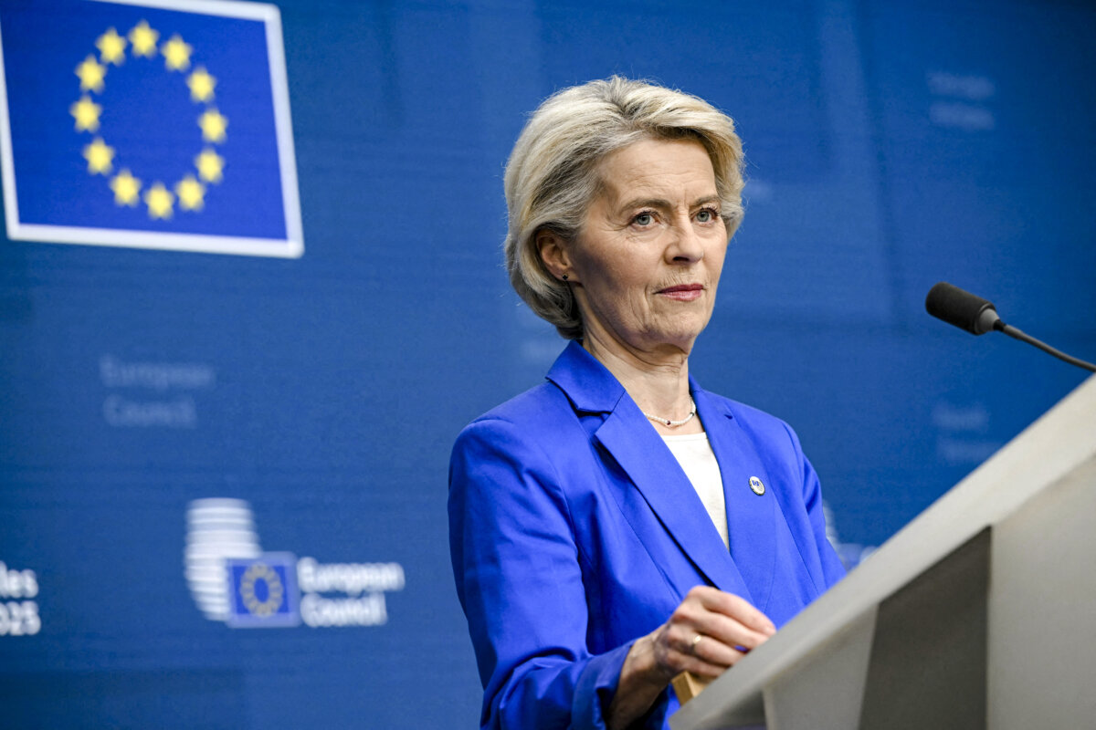 European Commission President Ursula von der Leyen speaks during a news conference as part of the European Council meeting to discuss Ukraine, European defense, recent developments in the Middle East, competitiveness, housing, and migration, in Brussels, Belgium, on Oct. 23, 2025. (Nicolas Tucat/AFP via Getty Images)