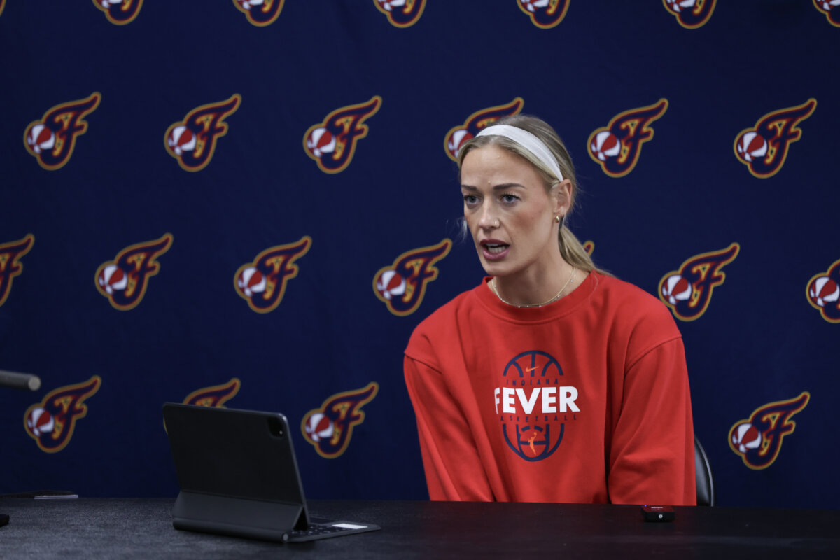 Sophie Cunningham of the Indiana Fever speaks at a press conference before a game against the Portland Fire at Moda Center in Portland, Ore., on July 31, 2026. (Amanda Loman/Getty Images)