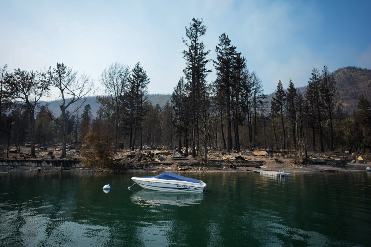 Properties on Okanagan Indian Band land that were destroyed by the Bradley Creek wildfire are seen, in Vernon, B.C., on Aug. 4, 2026. (The Canadian Press/Darryl Dyck)