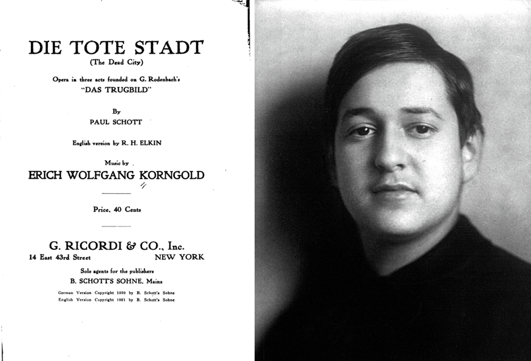 (Left) The libretto cover of “The Dead City,” published in 1921. (Right) Erich Korngold circa 1912. Library of Congress. (Public Domain)
