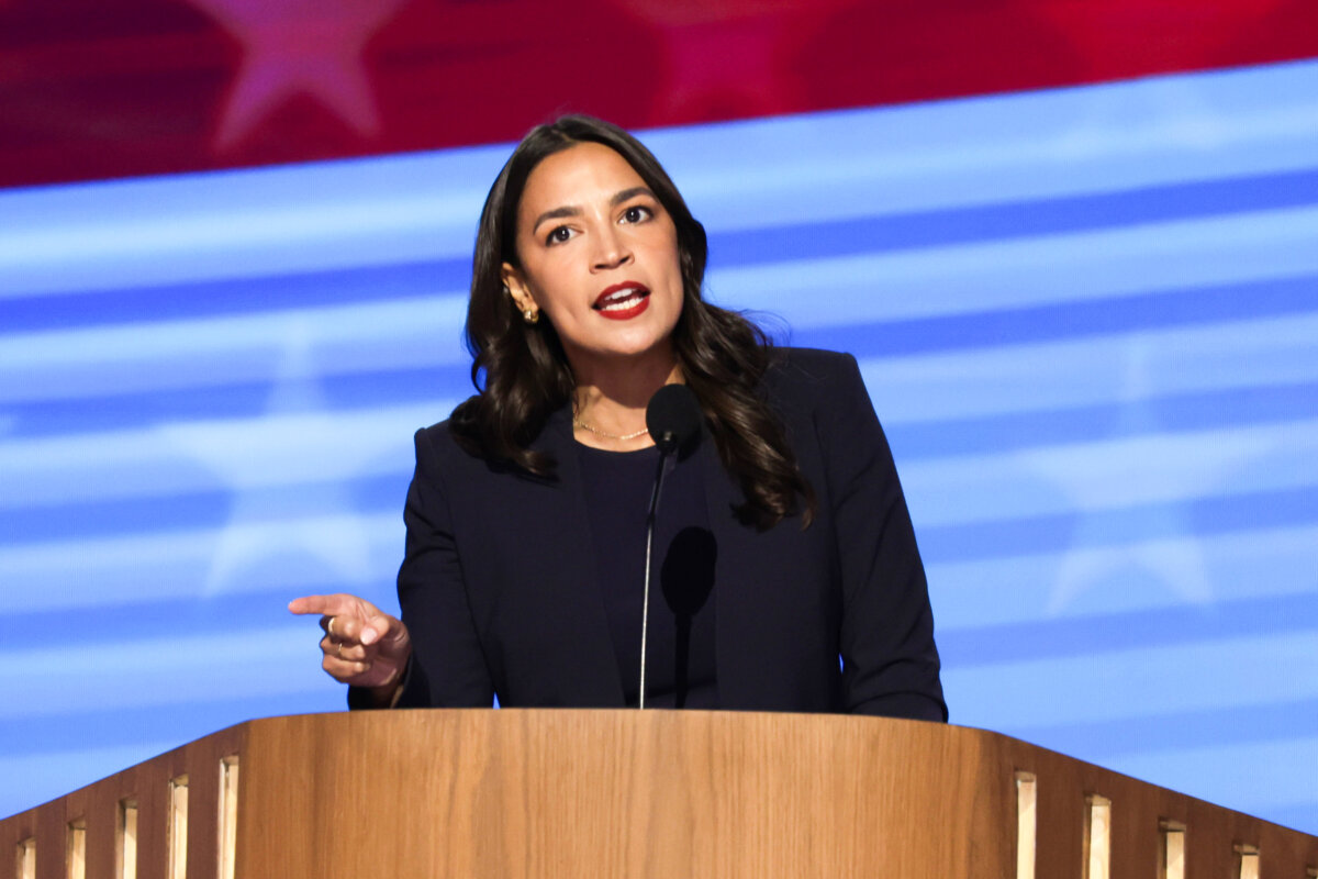 Rep. Alexandria Ocasio-Cortez (D-NY) speaks onstage during the first day of the Democratic National Convention at the United Center on August 19, 2024 in Chicago, Illinois. (Alex Wong/Getty Images)