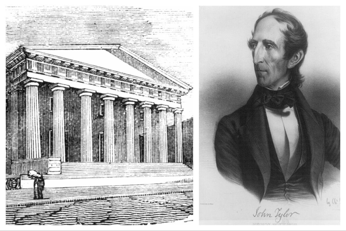 (Right) John Tyler, after vetoing the charter for the Bank of the United States (Left), was evicted from the Whig party, which supported the charter of a national bank. (Public Domain)