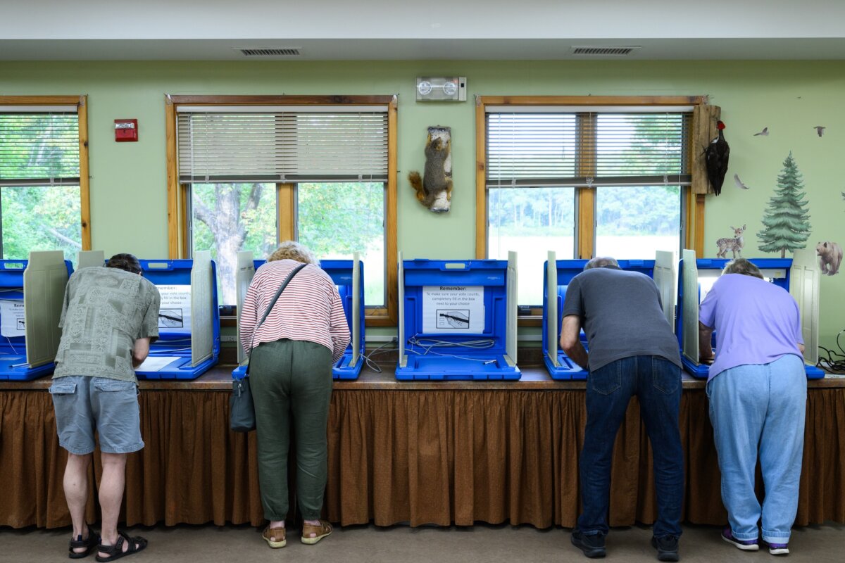 Voters fill out their ballots at a polling place in the Tamarack Nature Center in White Bear Township, Minn., on Aug. 11, 2026. (Stephen Maturen/Getty Images)