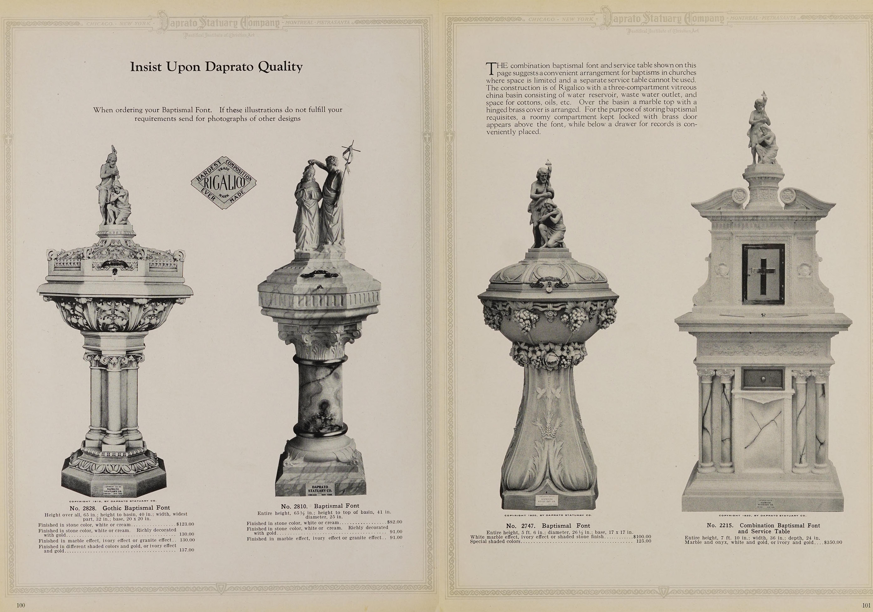 Страница из каталога «Творения в церковном искусстве» компании Daprato Statuary Company, 1921 год. Каталог включал в себя некоторые примеры продукции компании, в том числе статуи, алтари, витражи и крестильные купели, которые были разработаны, смоделированы и изготовлены компанией Daprato Statuary Company. Интернет-архив. (Общественное достояние)