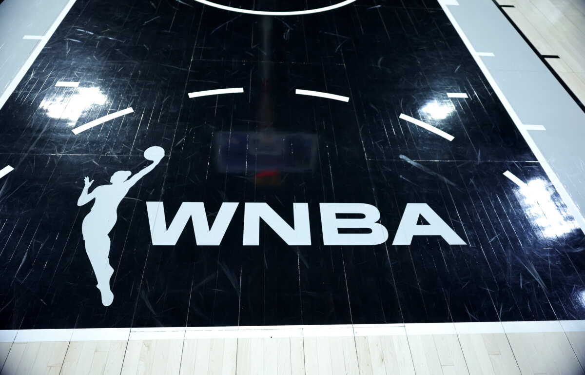 A WNBA logo is shown on the court at Michelob ULTRA Arena in Las Vegas, Nev., on June 25, 2025. (Ethan Miller/Getty Images)