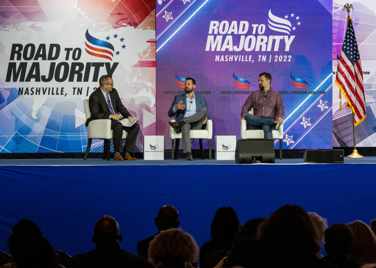 (L-R) Timothy Head, executive director of the Faith & Freedom Coalition talks with Seth Dillon, CEO, of the Babylon Bee and Kyle Mann, editor and chief, at the annual "Road To Majority Policy Conference" held by the Faith & Freedom Coalition at the Gaylord Opryland Resort & Convention Center in Nashville, Tenn., on June 18, 2022. (Seth Herald/Getty Images)