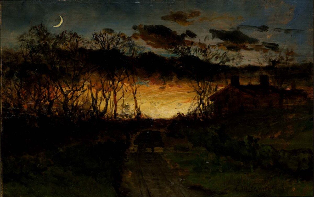 "Untitled (sunset with quarter moon and farmhouse)," 1883, by Edward Mitchell Bannister. Smithsonian American Art Museum. (Public Domain)