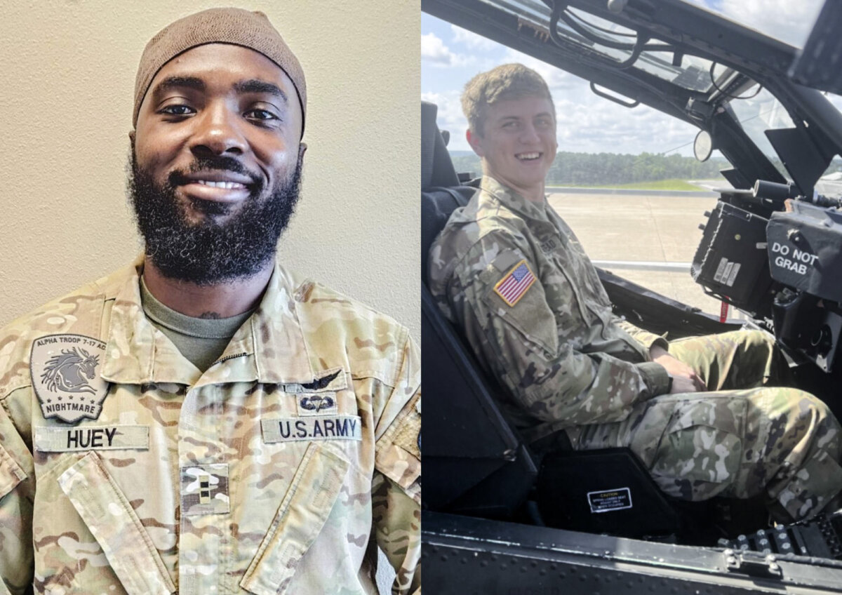 Chief Warrant Officer 2 Deontre T. Huey (L) and Warrant Officer Seth L. Olmstead were killed in an Apache crash during a maintenance test flight on Aug. 12, 2026. (U.S. Army)