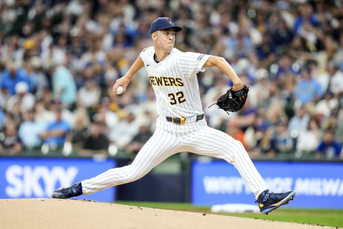 Jacob Misiorowski of the Milwaukee Brewers throws a pitch in the first inning against the Minnesota Twins at American Family Field in Milwaukee, Wis., on Aug. 9, 2026. (John Fisher/Getty Images)