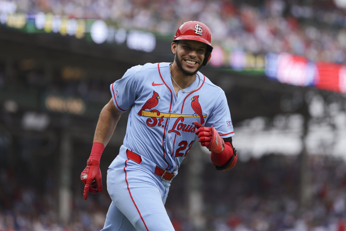 Joshua Báez #22 of the St. Louis Cardinals celebrates after hitting a home run during the first inning against the Chicago Cubs at Wrigley Field in Chicago, Ill., on Aug. 15, 2026. (Jessie Alcheh/Getty Images)