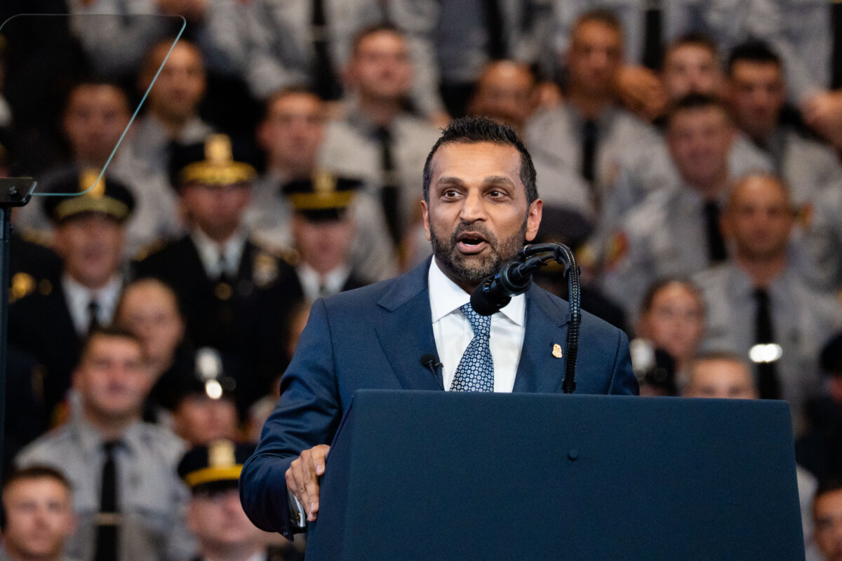 FBI Director Kash Patel speaks at the Nassau County Police Academy David S. Mack Center for Training and Intelligence in Garden City, N.Y., on Aug. 14, 2026. (Samira Bouaou/The Epoch Times)