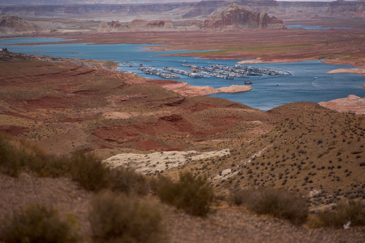 The Wahweap Marina floats on Lake Powell at the Glen Canyon National Recreation Area, near Page, Ariz., on July 15, 2026. (John Locher/AP)