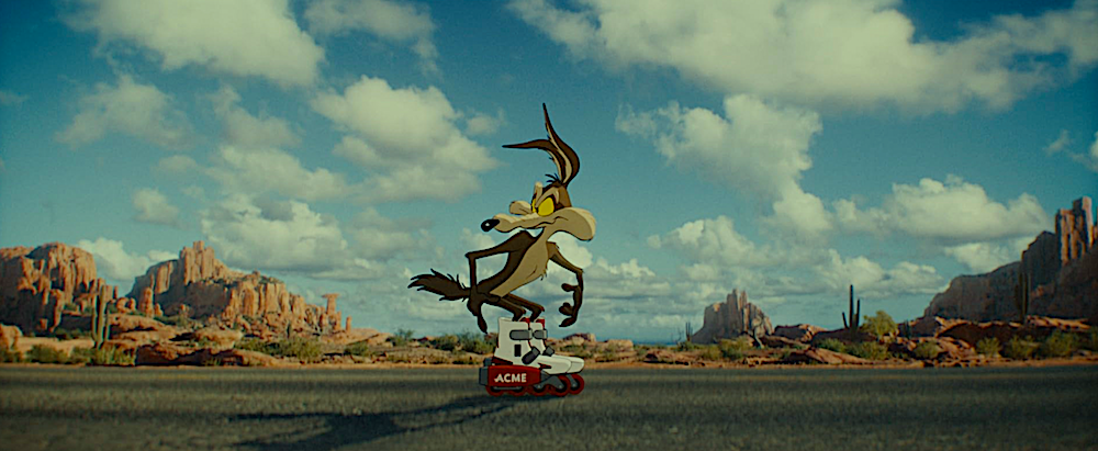 cartoon coyote in desert landscape in Coyote Vs. ACME