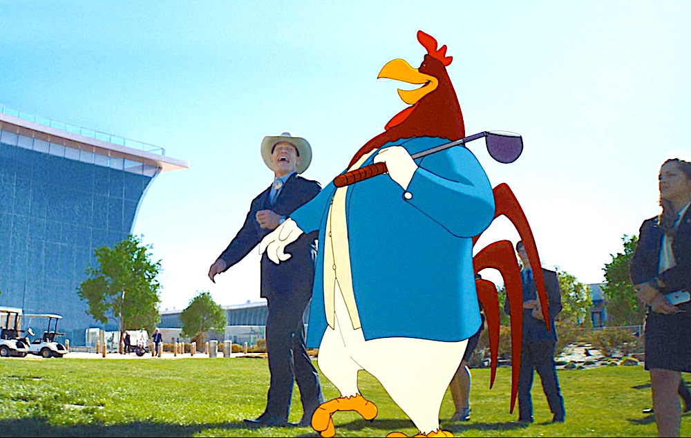 large cartoon rooster in blue jacket with golf club in Coyote Vs. ACME