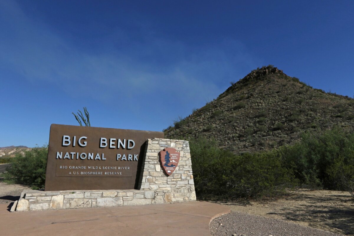 A Big Bend National Park sign at the west side entrance near Maverick Junction in Big Bend National Park, Texas, on May 24, 2019. (Jacob Ford/Odessa American via AP)