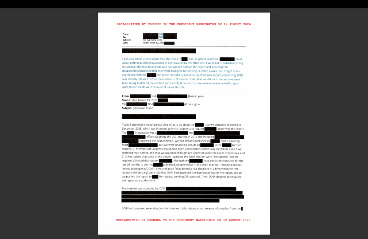 Newly declassified National Security Agency documents include emails between intelligence officers about decisions made at higher levels to not share information with President Donald Trump, released by the White House Government Transparency Task Force on Aug. 18, 2026. (Courtesy of the White House)