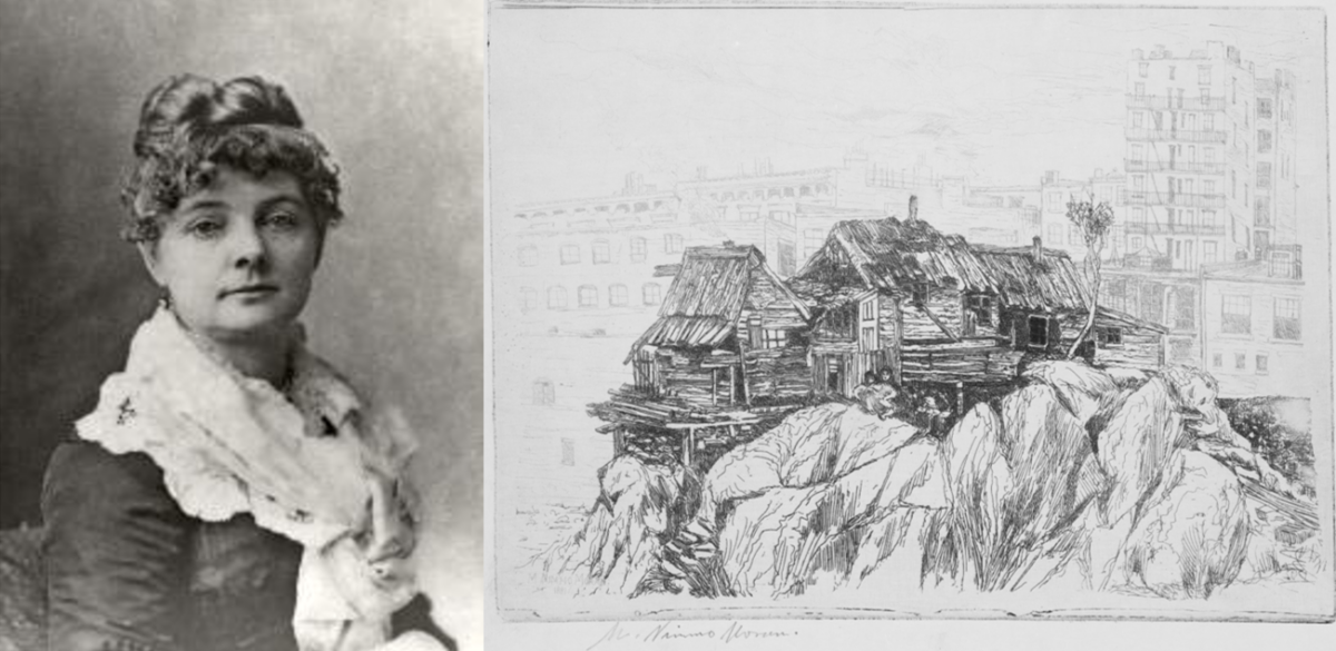 (Left) A portrait of Mary Nimmo Moran," 1880, by Napoleon Sarony. (Right) “The Cliff Dwellers of New York, “ 1888, by Mary Nimmo Moran. Etching. (Public Domain)