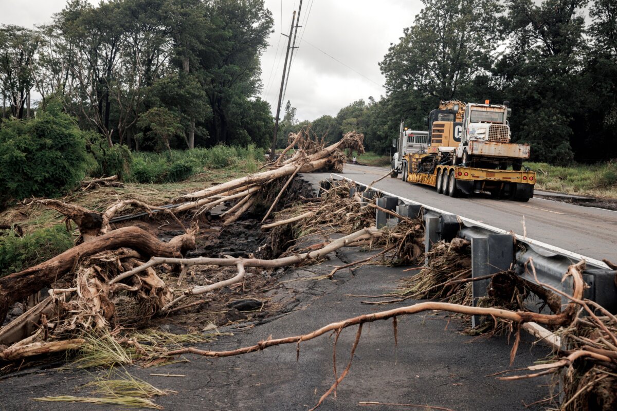 Debris along Hawaii Belt Road near Pahala, Hawaii, on Aug. 16, 2026, after a severe weather system went through the area. (Stephen Lam/San Francisco Chronicle via AP)