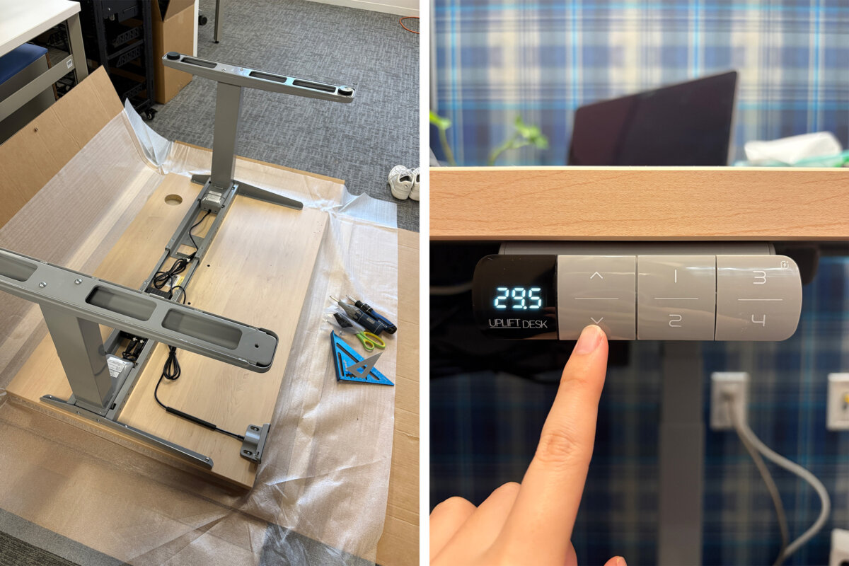 uplift desk assembly and adjustable height buttons