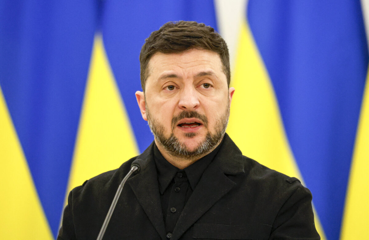 Ukrainian President Volodymyr Zelenskyy speaks during a joint press conference with Lithuania's president and Poland's president, after attending commemorations of the 1863 uprising, in Vilnius, Lithuania, on Jan. 25, 2026. (Petras Malukas/AFP via Getty Images)