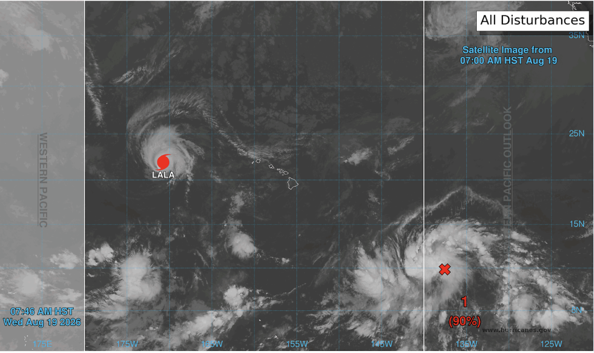 Another tropical storm is expected to develop in the Central Pacific as Hurricane Lala moves away from Hawaii on Aug. 19, 2026. (National Hurricane Center)