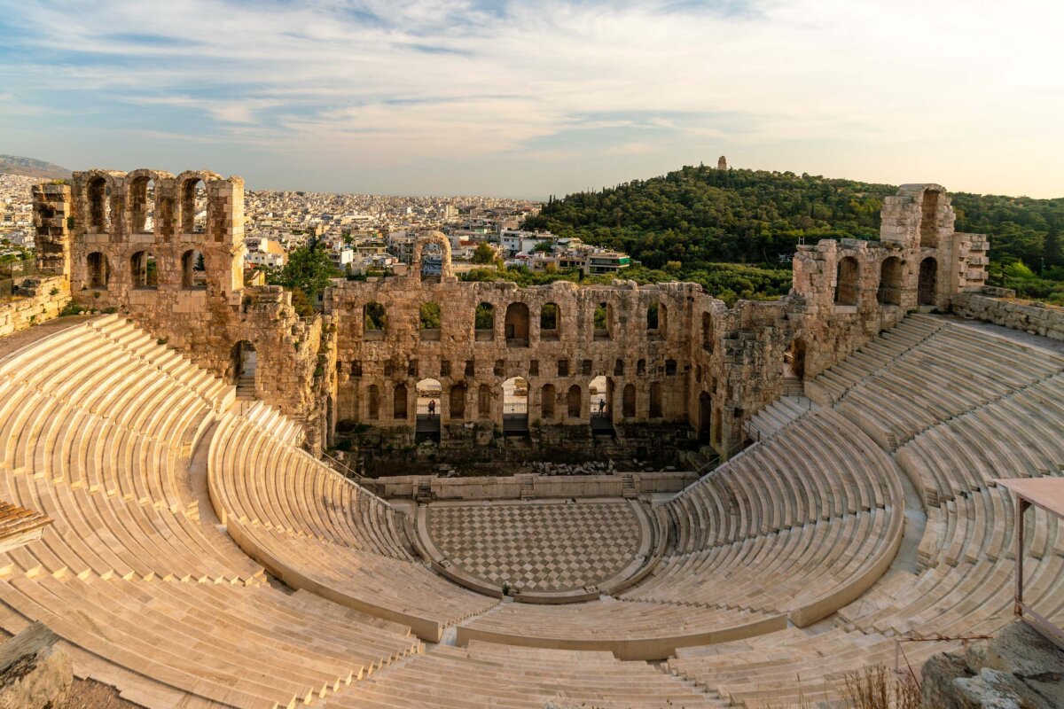 The Odeon of Herodes Atticus in Athens is the largest and most well-preserved odeon, or ancient concert hall. The odeon featured 33 rows of marble seats that accommodated more than 5,000 guests, and featured a steep-sloped theatre with a three-story stone wall and a cedar roof. (Cavan-Images/Shutterstock)