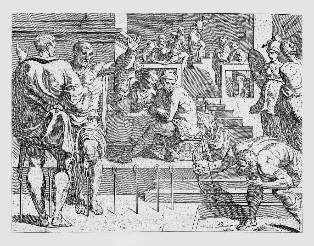 In the presence of Penelope’s suitors, Odysseus tightens the bow and shoots an arrow through twelve rings. (Morphart Creation/Shutterstock)