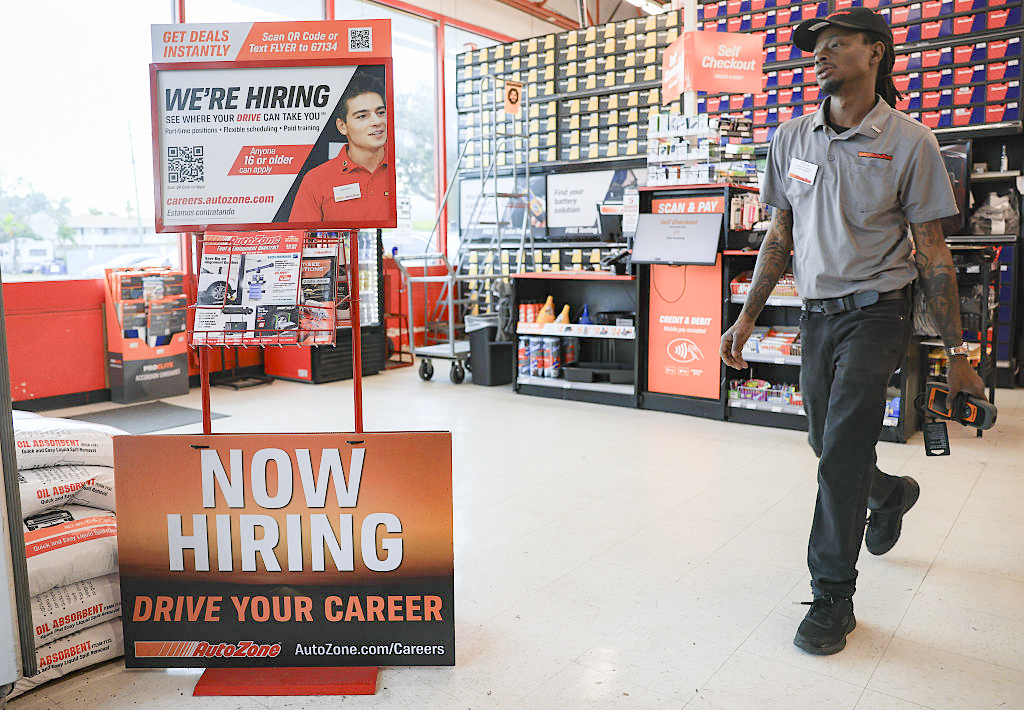A hiring sign at an AutoZone in Hollywood, Fla., on Feb. 11, 2026. (Joe Raedle/Getty Images)