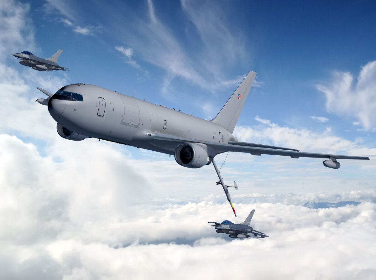 An artist's rendering of a KC-46A refueling F-16 Fighting Falcons. (Courtesy of the Boeing Company)