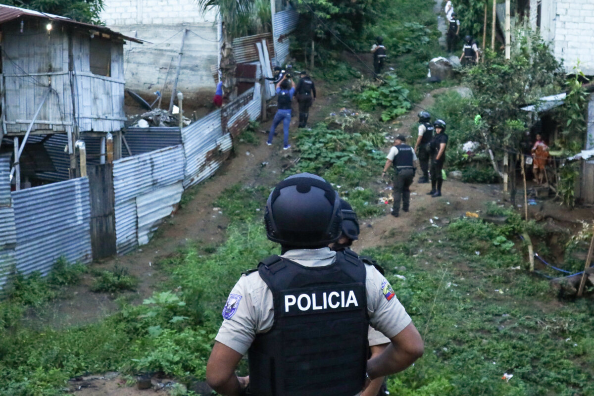 Police conduct an operation searching for weapons and drugs as part of an effort to combat criminal groups, in the Nueva Guayaquil neighborhood of Guayaquil, Ecuador, on April 4, 2024. (Cesar Munoz/AP)