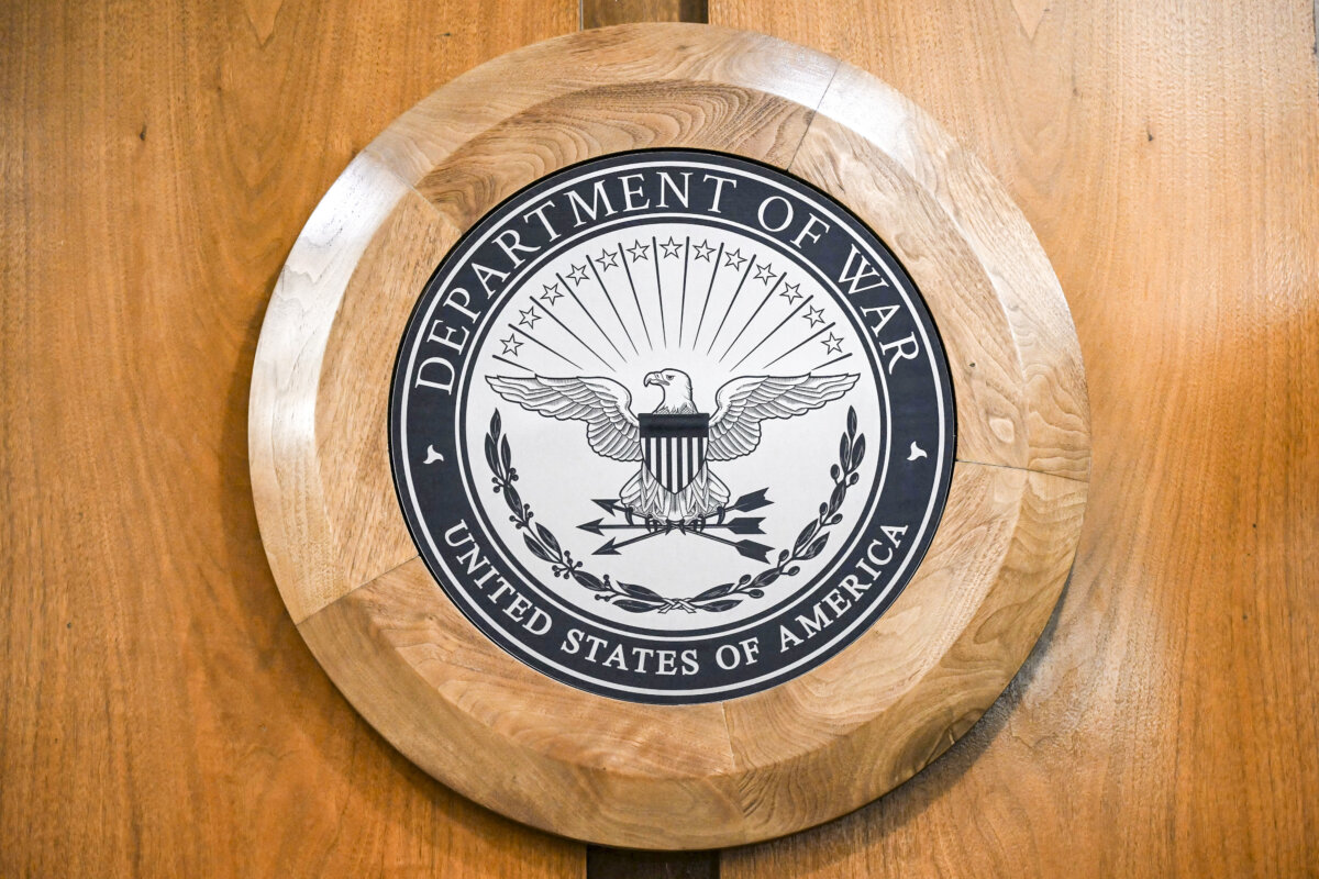 The new Department of War logo is seen inside the Pentagon in Arlington, Va., on Sept. 8, 2025. (Andrew Caballero-Reynolds/AFP via Getty Images)