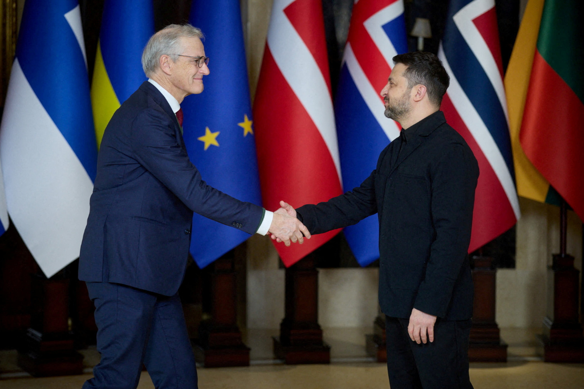 Ukrainian President Volodymyr Zelenskyy (R) meets with Norwegian Prime Minister Jonas Gahr Store (L) before a meeting of the Coalition of the Willing, on Feb.4, 2026. (Ukrainian Presidential Press Service/Handout via Reuters)