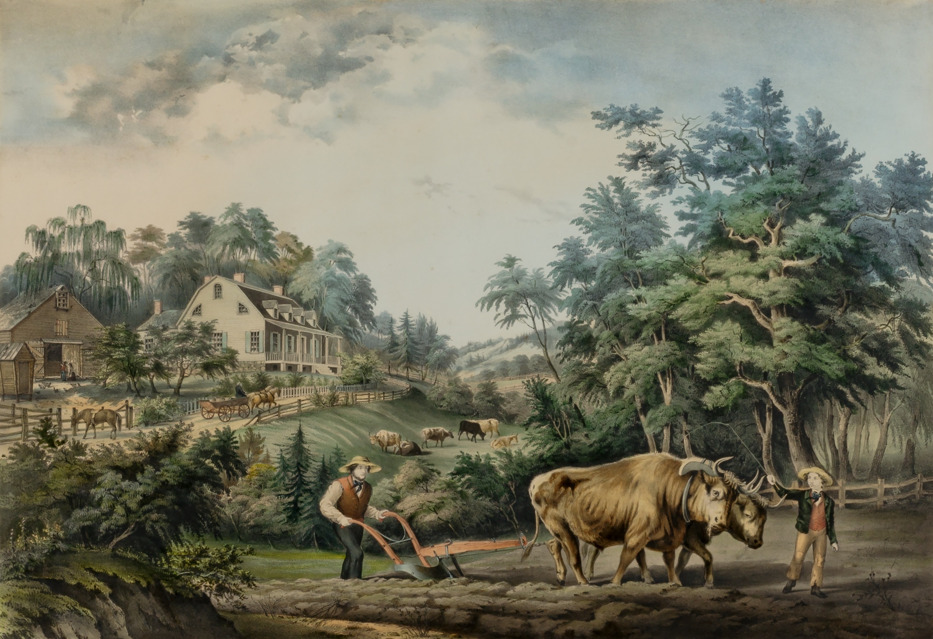 «Американские сельские пейзажи. № 1», 1853 год, автор Фрэнсис Флора Бонд Палмер, издательство Натаниэля Карриера. Цветная литография на бумаге; 16 3/4 дюйма на 23 7/8 дюйма. Смитсоновский музей американского искусства, Вашингтон. (Общественное достояние)