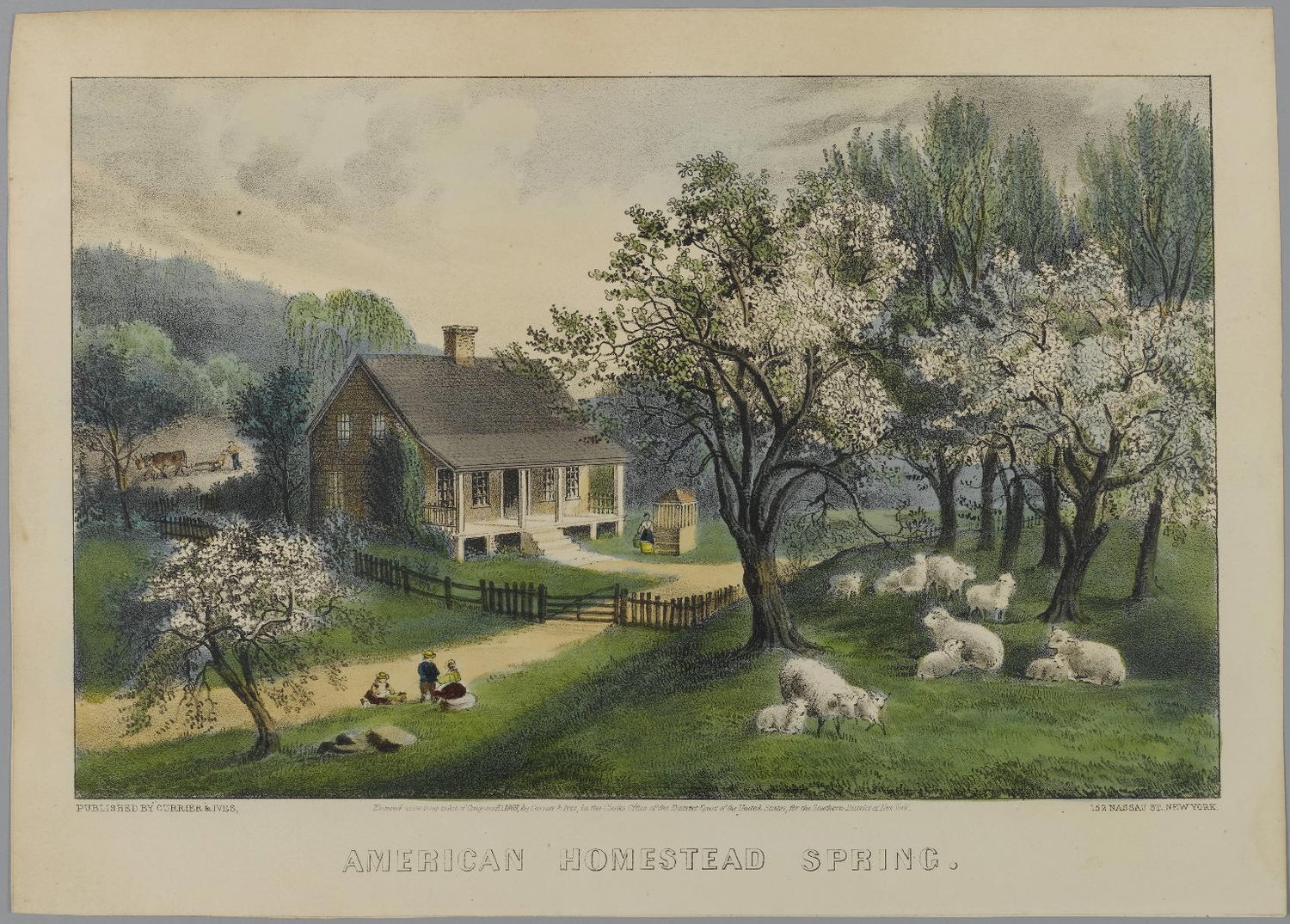 «Весна на американской ферме», 1868–1869 гг., Фрэнсис Флора Бонд Палмер, издательство Currier and Ives. Литография, раскрашенная вручную, на тканой бумаге; 9 7/8 дюймов на 13 7/8 дюймов. Бруклинский музей. (Общественное достояние)