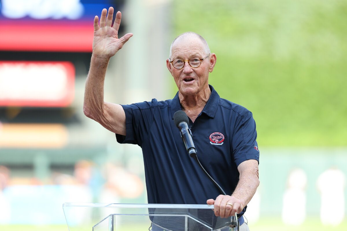 Former Minnesota Twins player Jim Kaat speaks during a ceremony honoring the 1965 World Series prior to the game between the Detroit Tigers and the Minnesota Twins at Target Field in Minneapolis, Minn., on Aug. 16, 2025. (Matt Krohn/Getty Images)
